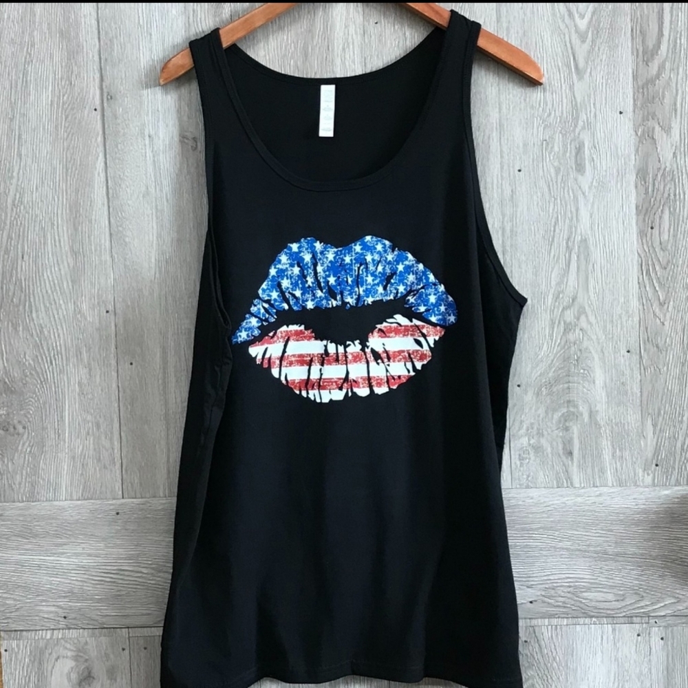 USA Flag Kiss Lips Black Tank Top
